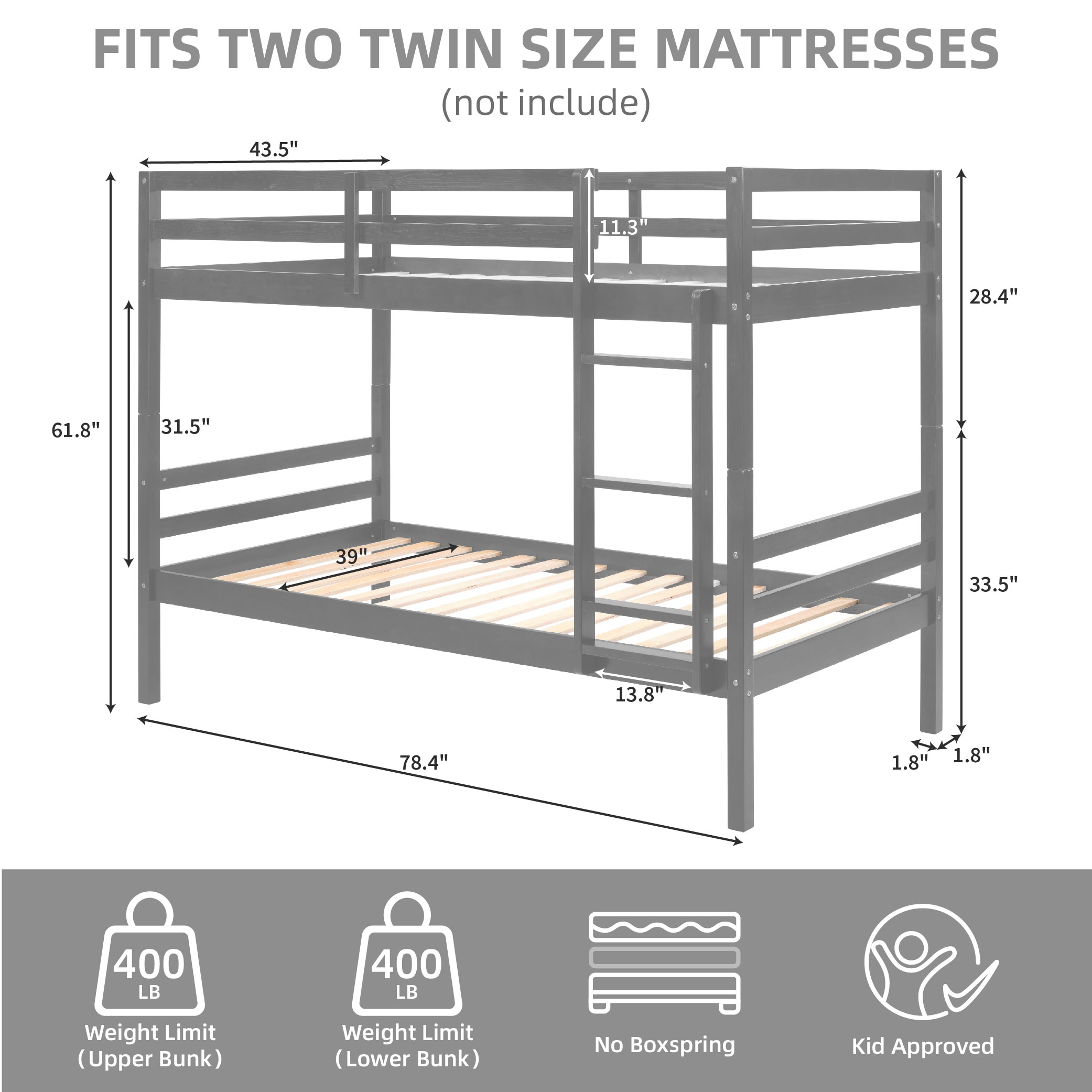 Twin Over Twin Bunk Bed With Ladder,Wooden Bunk Bed With High Guardrail And Ladder For Kids, Teens, Dorm Rooms, And Guest Rooms,No Box Spring Needed,Grey_voghion.com